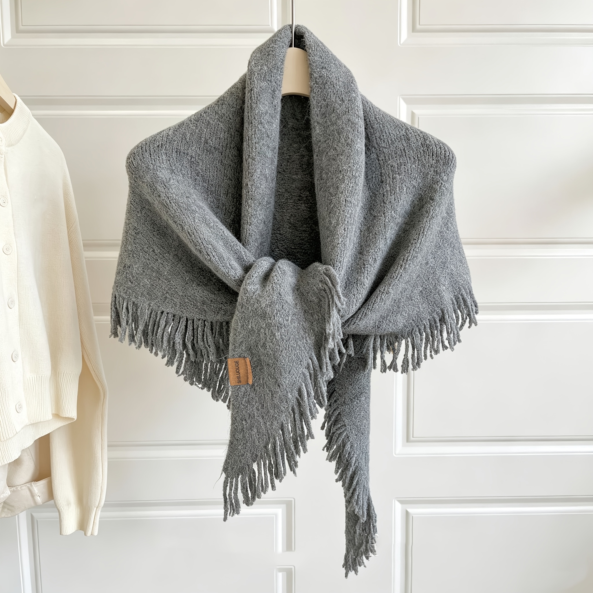 Fringed Triangle Shawl, Solid Color Scarf for Autumn/Winter